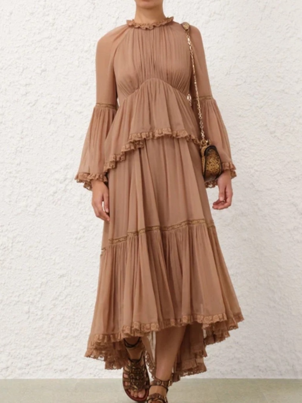 NWT New ZIMMERMANN Hypnotic Peplum Flutter Tiered Midi Dress in Biscuit Size 0 - Picture 9 of 13